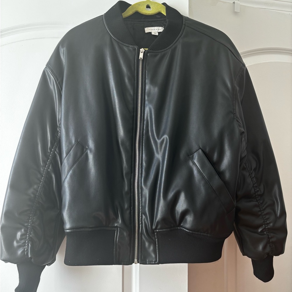 Black faux leather oversized bomber jacket